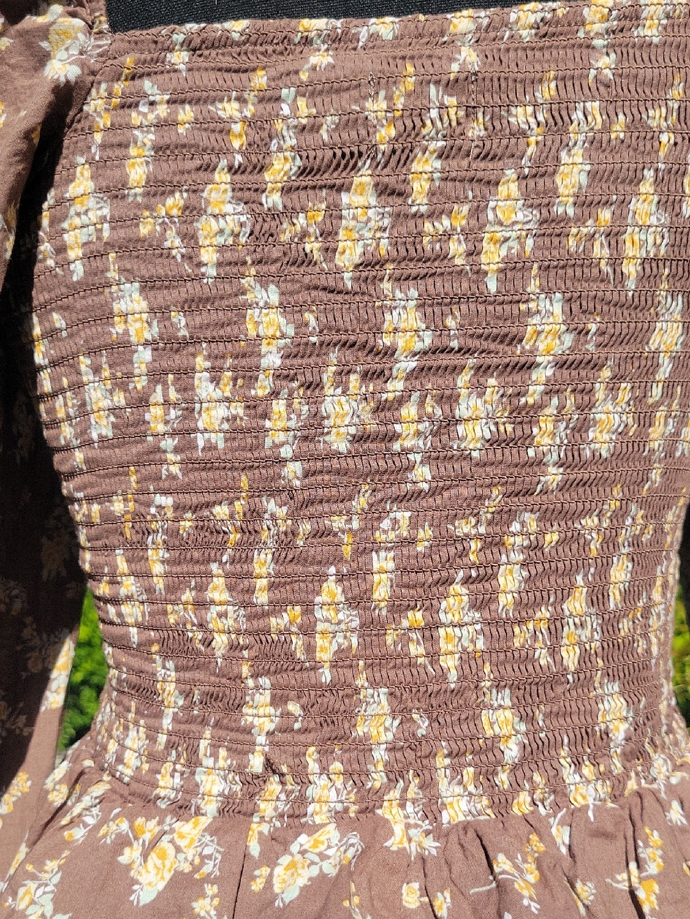 Brown Floral 100% Cotton Puff Sleeve Stretchy Boho Blouse L - Picture 8 of 14